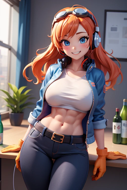 1girl, solo, goggles_on_head, blue_eyes, huge breast, thick legs, goggles, belt, smile, navel, jacket, orange_hair, window, indoors, abs, midriff, pants, gloves, looking_at_viewer, crop_top, breasts, headphones, blue_jacket, bottle, blush, black_pants, medium_breasts, open_clothes, open_jacket, grin