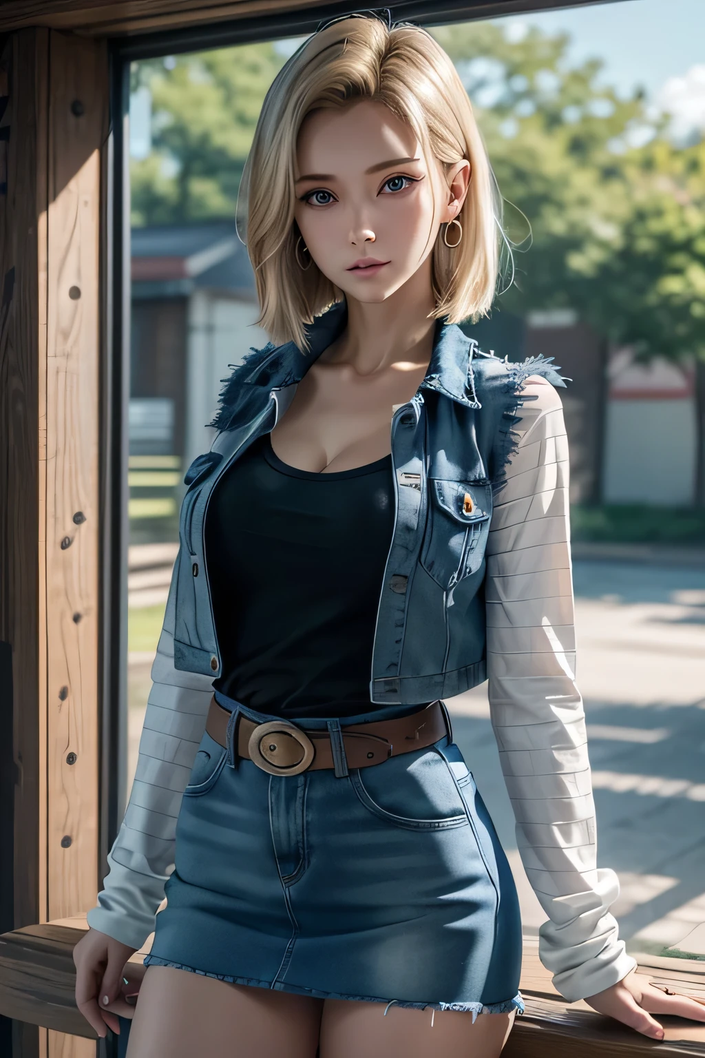 (highres,photorealistic) beautiful lady, short hair, (extremely detailed eyes and face, long eyelashes), (detailed lips), (vivid colors), (sharp focus), (studio lighting)One girl wears a denim skirt and a Black T-shirt with high cleavage shirt standing in front of the window, Young beautiful amouranth, hyper realistic anime, seductive anime girl, perfect android girl, photorealistic perfect body, realistic anime 3d style, beautiful blonde girl, beautiful alluring anime woman, hyperrealistic schoolgirl, sexy look, cyberpunk 2 0 y. o model girl, attractive anime girl, Android 18, Wind cut hair, Light Blonde hair, Blue Transparent eyes of Slavic Caucasians, The flash in the eyeballs is brilliant, Wearing round earrings, Tight Long sleeves with black stripes on a white background, Blue denim mini vest, Blue denim mini skirt, The denim skirt's zipper seam line and stitching run vertically straight to the bottom of the skirt, Open-chested denim vest, Large breasts, Women's Western Cowboy Belt, Brown see-through pantyhose, Western short boots, Looking at viewer, Her whole body is visible on the screen, Her entire body is visible on the screen, from her head to her boots, On a bench, Slight smiling with closed lips standing next to bench , Blue sky, , outside, park, grass, Summer, trees, blue sky, high quality, masterpiece,