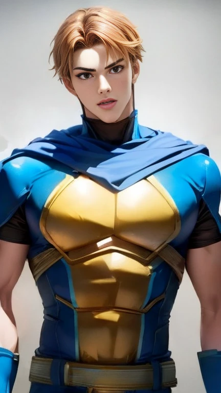 ( High-definition CG), (Best Quality),    a superhero with a beautiful body,  hero costume , Handsome and cool young man  ,     Slim and Muscular    , My skin is brown ,  Blonde, Frivolous