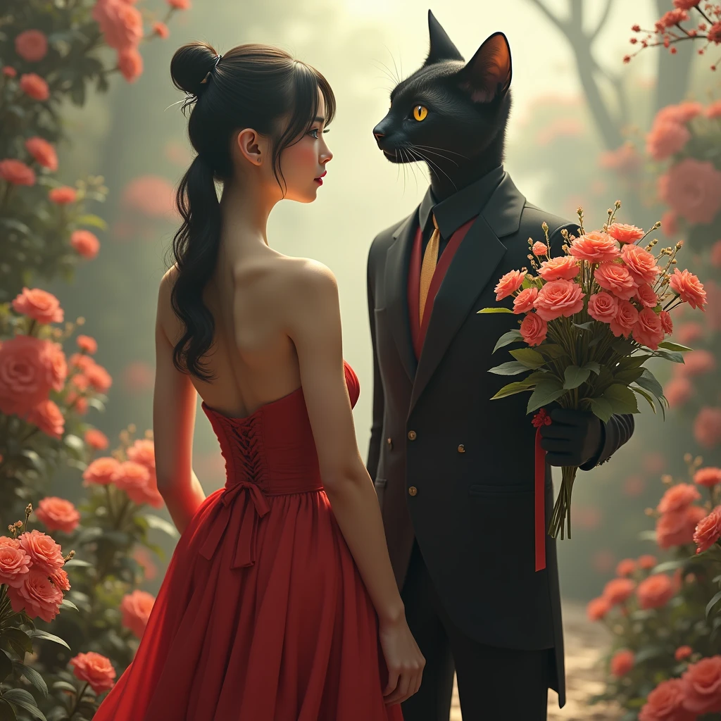 a beautiful japanese woman with ponytail hairstyle wearing black sleeveless top and red evening dress holding a bouquet, a bipedal black cat ((Ket-Sith)) wearing a tailcoat holding a bouquet, surreal whimsical scene with a black cat behaving in a human-like manner, digital art, cinematic lighting, highly detailed, photorealistic, award winning, 8k, masterpiece, intricate details, dramatic composition, dynamic pose, striking colors, elegant, sophisticated, fantasy, magical realism