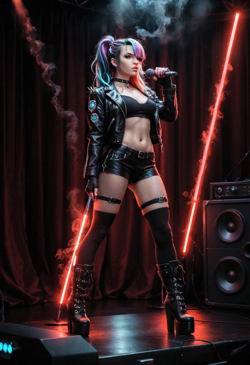 A virtual K-pop idol singer performing on stage with a metal aesthetic. She has long, vibrant neon hair with streaks of purple and blue, styled in a slightly edgy, rock-inspired look. Her outfit combines elements of K-pop fashion with metal: a black leather jacket with metallic spikes, a choker, fingerless gloves, and high platform boots with chains. She is holding a microphone stand in a dynamic pose, with intense stage lighting around her, including colorful spotlights and laser effects. Smoke surrounds the stage, creating a moody atmosphere, while the audience holds up glowing light sticks in various colors, adding to the concert energy. The overall vibe is futuristic and intense, blending K-pop glamour with heavy metal style.