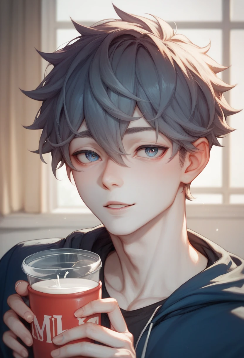 One high school boy、 milk tea colored smooth hair、 and the bangs are parted in front 、 the color of the eyes is brown、Overall white skin 、The pigment is pale 、 Slender Eyes