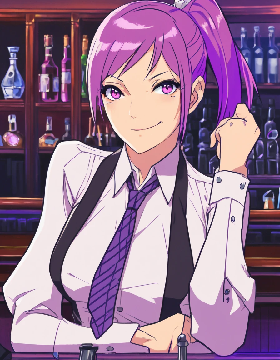 1girl, solo, bangs, blush, hand on own chest, jill stingray, long sleeves, looking at viewer, purple hair, medium breasts, necktie, shirt, solo, upper body, vest,  bartender, vest, white shirt,