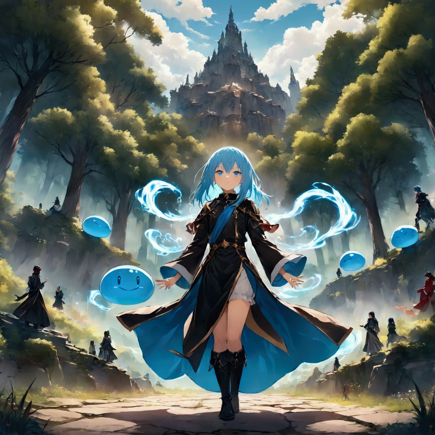1. Teenagers, rimuru tempest,Create an image of rimuru tempest from the manga and anime 'That Time I Got Reincarnated as a Slime'. Rimuru has blue hair and blue eyes , Often depicted in stylish costumes , Black coats and boots . Please show a friendly and calm attitude , exudes both strength and wisdom . relax You can also recreate a standing figure or a figure in the middle of using magic, Confident Expressions . depicts a fantasy world in the background , Lush forests and beautiful scenery . battle scene , includes epic battlefields and magical effects . Add special effects like magical energy , Light, or emphasizes his abilities with the wind . HighLight his aura and the dramatic atmosphere.,(masterpiece:1.3),( best quality:1.4),(Super detailed:1.5), Hi-Res, several people having fun with each other while having very detailed , Unity 8K Wallpaper,