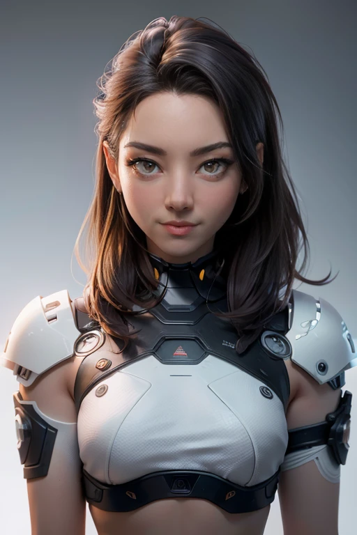 Young cyborg woman , cyber armor, sophisticated technology,  with a bare belly ,  expression of happiness ,  Natural lighting,  ultra resolution ,  plain white background , without patterns, No textures.