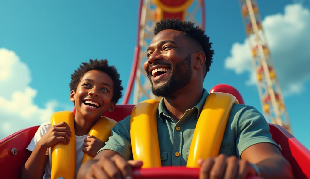 hyper realistic close-up image of a 40 year old father with his son, having fun, with arms raised, going down a roller coaster, 32k