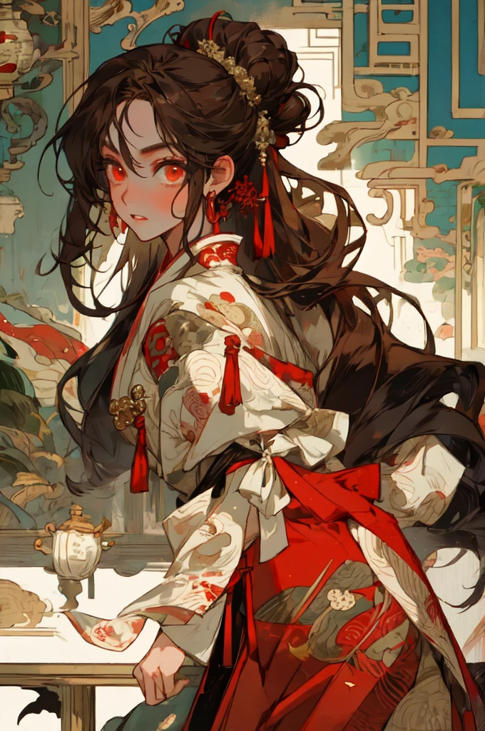 anime girl in red kimono with umbrella and horse in the background, a beautiful fantasy empress, onmyoji detailed art, palace ， a girl in hanfu, by Yang J, japanese goddess, onmyoji, anime fantasy illustration, anime fantasy artwork, detailed digital anime art, beautiful digital artwork, inspired by Ju Lian, rossdraws sakimimichan, anime goddess