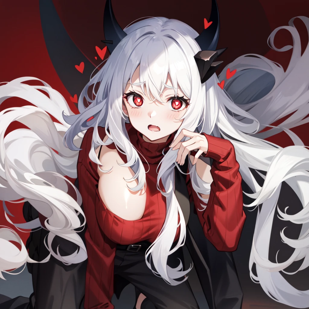 Modeus(Helltaker), drooling, black horn,  Big breasts , open mouth,  red eyes , long sleeves,  symbol-shaped pupils, upper body, sweater, white hair, medium hair, black terno, demon tail,  Sleeves Wrapped Around The Wrists, ribbed sweater, Blush, high throat, black jacket, 3 s, Heart, jacket, demon horn, tail, horn, Heart-shaped pupils,  red sweater,  looking at the viewer , demon girl,  cat ears, Kneeling, Yandere.