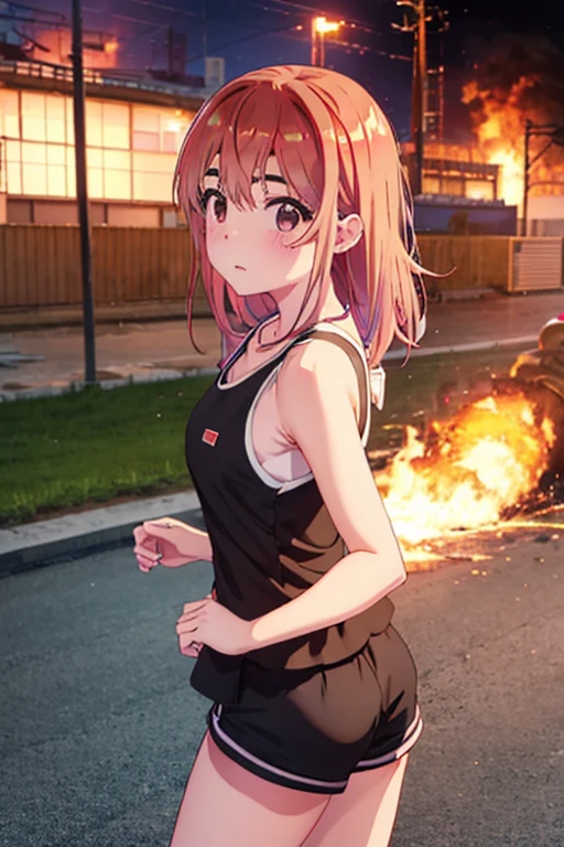 Sumi Sakurasawa、holding hundgun、at night、fence、1 girl、 cleavage、 Black Tank Top、 sexy black shorts、Turn around and show your butt、Infiltrate a military base、Military base exploding in flames、The building is on fire