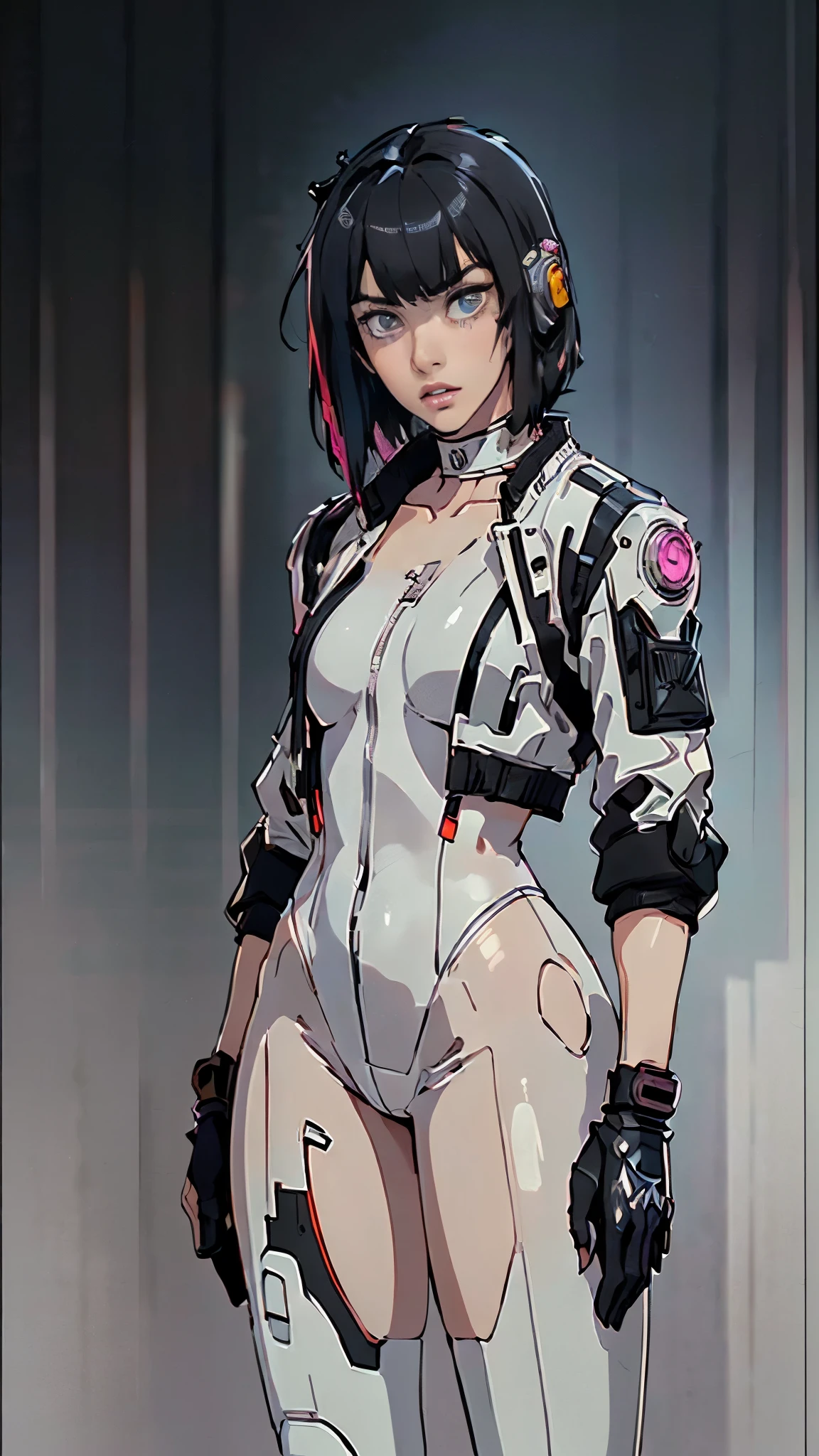 (((urban techwear))), ((( transparent suit ))), (((Bandaged body))), ((high collar)), (((Quorra))), (((best qualityer: 1.4))), (Unbeatable masterpiece), (hiper HD),(CG 8k hyper-realistic), (((brave face))), (((breasts big))), (((hyper feminine))), sexly girl, Tron,（black bob hair)), ((( sculptural body ))), (((1 Kizi))), Kizi cibernética de 25 anos com corpo perfeito,,Beautiful and well-groomed face,muscular body:1.2,solid color detailed jacket, (Head to thigh photos)， Complex equipment, green dark，long pants，Tight clothes are dark，With white stars and off-white stripes,,,,,Armor Metal Electronic Parts, Poison tattoos ) INFO, Kizi, (((standing alone))), violent brat, (((14歳))), sexly, pose de atitude, Create a cool character for a gacha game based on Mihoyo&#39;s Zenless Zone Zero game, female character in devil clothes in warm colors, S-level fire elemental character, devil horns and tail, gorgeous face, nymph body, lolly, haughty, devilish smile, wielding a serrated sword, pose de atitude, aggressive movements, Shark teeth, fully body