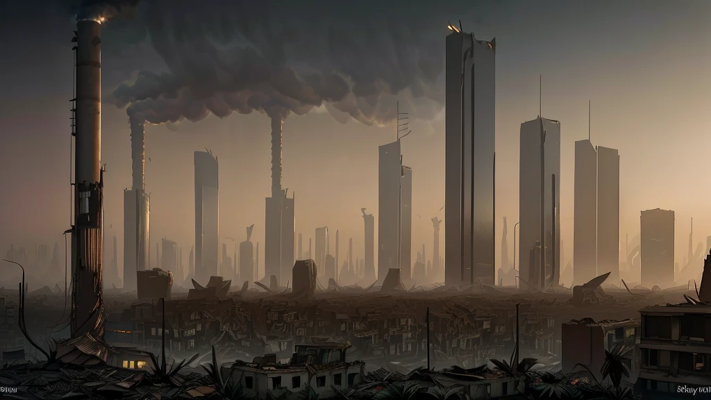 "A futuristic city in decay, skyscrapers partially collapsed, streets covered in dead plants, smoke-filled sky, dark and polluted atmosphere, abandoned and desolate feeling, somber tones of gray and brown"
