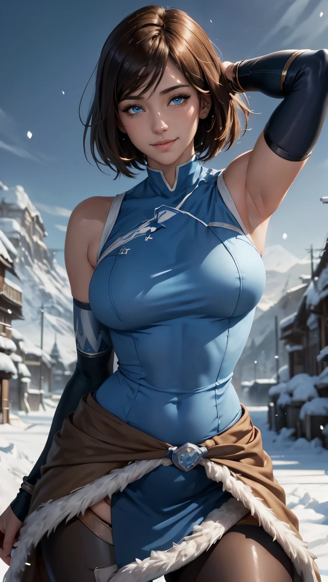 Korra da avatar,(best qualityer,4K,8k,high resolution,work of art:1.2)(weather: snowing), tundra town background, sleeveless top, choker necklace, elbow long gloves, tight leggings, winter belt, fur boots, fur dress trail,short straight hair, brown hair, ultra detailed,realisitic,portraite,beautiful detailed blue eyes, glowing eyes,blush,beautiful detailed lips,extremely detailed eye and face, long eyelashes,sexly,average, medium breasts,beaming smile, sexy smile,powerful girl in a battle, sexy pose, stunning curves,bright coloured,dramatic lighting, water bending,