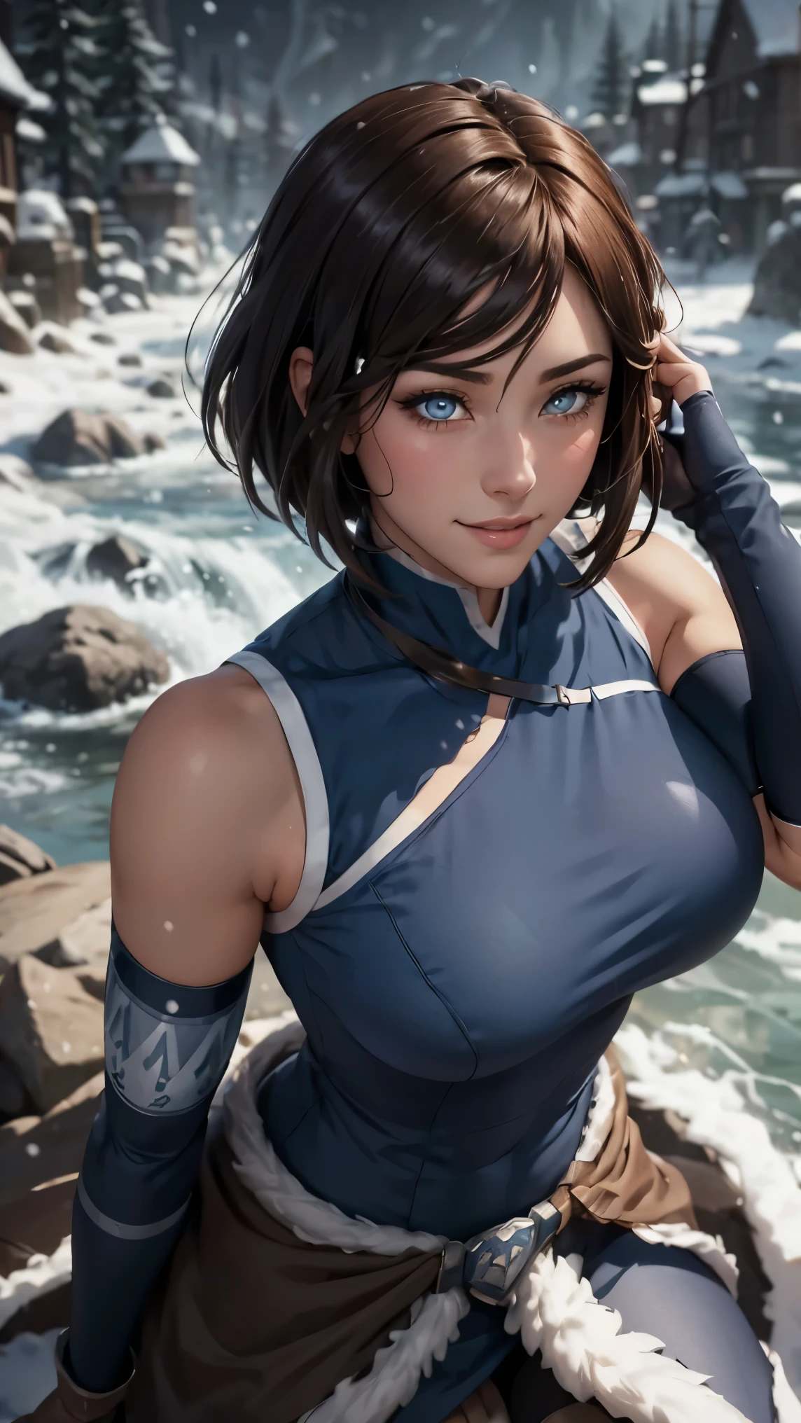 Korra da avatar,(best qualityer,4K,8k,high resolution,work of art:1.2)(weather: snowing), tundra town background, sleeveless top, choker necklace, elbow long gloves, tight leggings, winter belt, fur boots, fur dress trail,short straight hair, brown hair, ultra detailed,realisitic,portraite,beautiful detailed blue eyes, glowing eyes,blush,beautiful detailed lips,extremely detailed eye and face, long eyelashes,sexly,average, medium breasts,beaming smile, sexy smile,powerful girl in a battle, sexy pose, stunning curves,bright coloured,dramatic lighting, water bending,