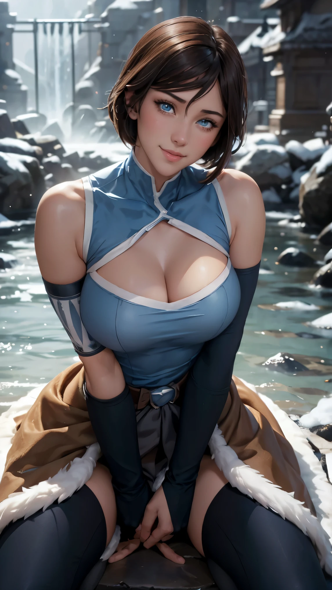 Korra da avatar,(best qualityer,4K,8k,high resolution,work of art:1.2)(weather: snowing), tundra town background, sleeveless top, choker necklace, elbow long gloves, tight leggings, winter belt, fur boots, fur dress trail,short straight hair, brown hair, ultra detailed,realisitic,portraite,beautiful detailed blue eyes, glowing eyes,blush,beautiful detailed lips,extremely detailed eye and face, long eyelashes,sexly,average, medium breasts,beaming smile, sexy smile,powerful girl in a battle, sexy pose, stunning curves,bright coloured,dramatic lighting, water bending,