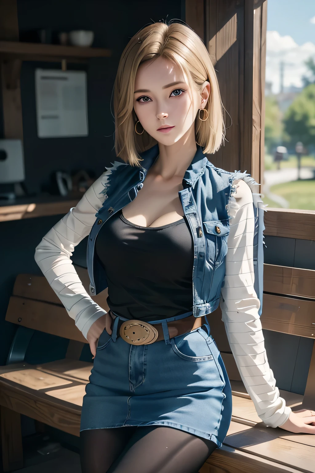 (highres,photorealistic) beautiful lady, short hair, (extremely detailed eyes and face, long eyelashes), (detailed lips), (vivid colors), (sharp focus), (studio lighting)One girl wears a denim skirt and a Black T-shirt with high cleavage shirt standing in front of the window, Young beautiful amouranth, hyper realistic anime, seductive anime girl, perfect android girl, photorealistic perfect body, realistic anime 3d style, beautiful blonde girl, beautiful alluring anime woman, hyperrealistic schoolgirl, sexy look, cyberpunk 2 0 y. o model girl, attractive anime girl, Android 18, Wind cut hair, Light Blonde hair, Blue Transparent eyes of Slavic Caucasians, The flash in the eyeballs is brilliant, Wearing round earrings, Tight Long sleeves with black stripes on a white background, Blue denim mini vest, Blue denim mini skirt, The denim skirt's zipper seam line and stitching run vertically straight to the bottom of the skirt, Open-chested denim vest, Large breasts, Women's Western Cowboy Belt, Brown see-through pantyhose, Western short boots, Looking at viewer, Her whole body is visible on the screen, Her entire body is visible on the screen, from her head to her boots, On a bench, Slight smiling with closed lips standing next to bench , Blue sky, , outside, park, grass, Summer, trees, blue sky, high quality, masterpiece,