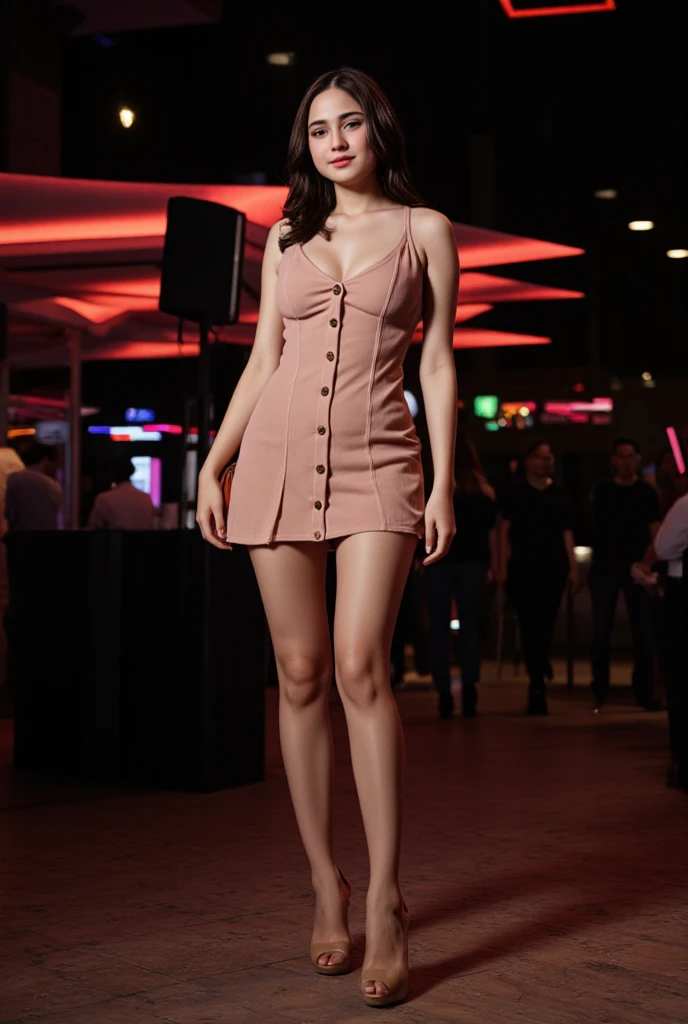 A young woman, tennage body, wearing cute dress and accessorized, dynamic pose, dynamic lighting, night club