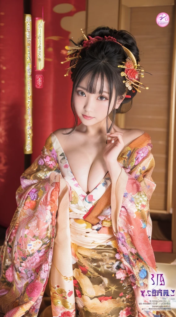 ((masterpiece(:1.4)，Highest quality，Ultra-high resolution，Highest quality，8k，Extremely detailed，In detail))，Japanese，Aika Sawaguchi，  Gravure Idol  ，A beautiful woman，Golden Ratio Style，sexy，glamorous，Big Breasts，Oiran，Long-sleeved kimono，Hair tying，hair ornaments，smoke tube，can，Gorgeous and luxurious，(イメージビデオの撮影で遊郭にてOiranに扮した  Gravure Idol  の様子)，Hyper Quality，Realistic，