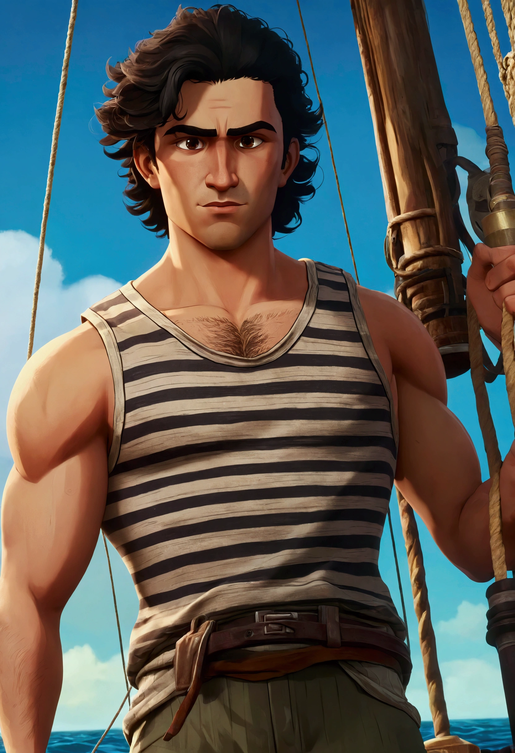 An animated poster of a young fisherman, male, wearing a striped tank-top and breeches, stout, stocky physique, deep brown eyes, bulbous nose, full lips, brown-black hair, curly mane, thick bushy eyebrows, extremely hairy chest, hairy stomach, and hairy arms, standing on a wooden catamaran, hand-drawn, full color, multi-color, shadows, Arcane art style, Fortiche Animation, masterpiece.