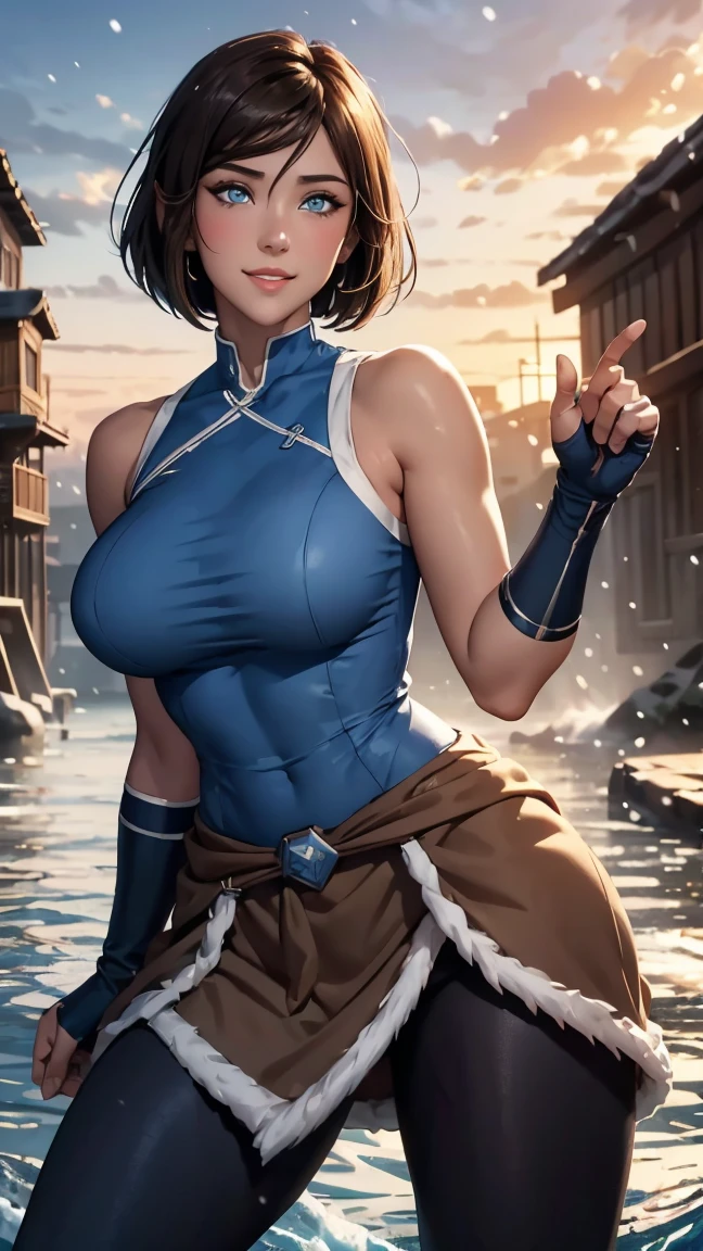 Korra da avatar,(best qualityer,4K,8k,high resolution,work of art:1.2)(weather: snowing), tundra town background, sleeveless top, choker necklace, elbow long gloves, tight leggings, winter belt, fur boots, fur dress trail,short straight hair, brown hair, ultra detailed,realisitic,portraite,beautiful detailed blue eyes, glowing eyes,blush,beautiful detailed lips,extremely detailed eye and face, long eyelashes,sexly,average, medium breasts,beaming smile, sexy smile,powerful girl in a battle, sexy pose, stunning curves,bright coloured,dramatic lighting, water bending,