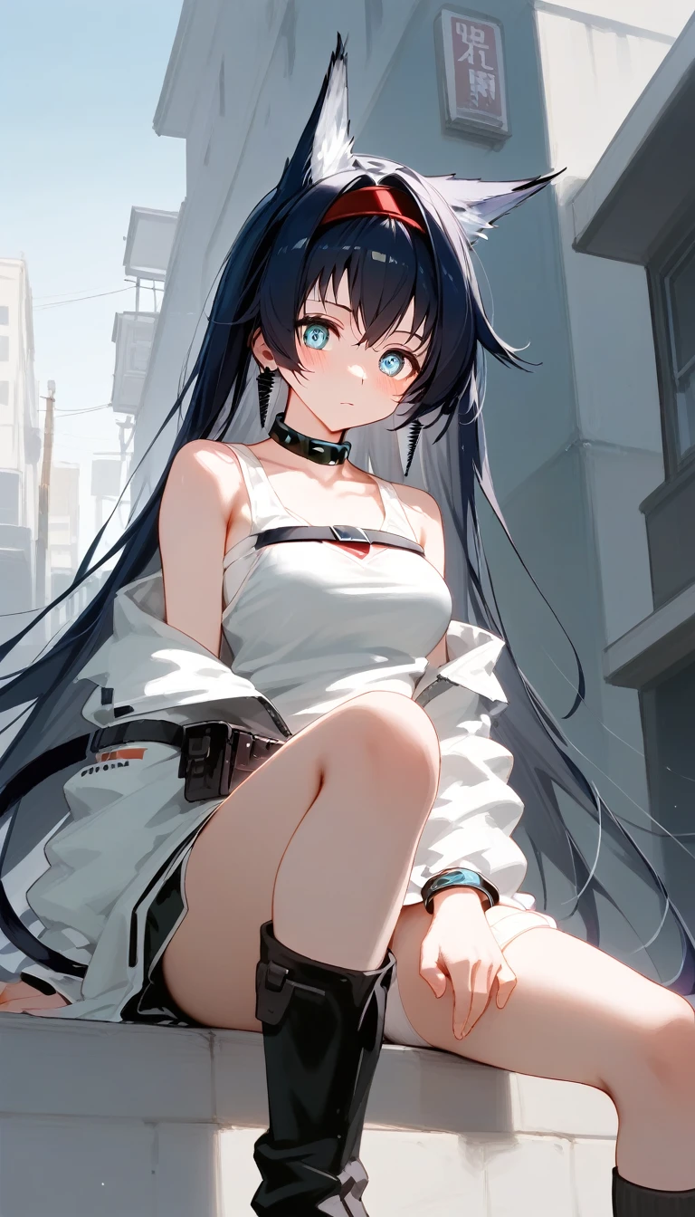 (  score_9,  score_8_up,  score_7_up,  score_6_up,  score_5_up)  building roof railing 。 woman,((blaze)),( Arknights),blaze_\(  Arknights\), blaze_\(  Arknights\),long cat ears  , Bluish black hair, Beautiful Blue  _eye,(  with communication device in ear )。((Code from ear )),Red Hairband。Sidewalk。  open your legs and crouch。Big city night view。 whole body。Belt on thigh。  black boots。  mini skirt。 realistic white panties 。  white jacket。  white tank top 。very_Long Hair。  serious expressions。  black thigh high socks  。黒いパンティにクローズup。パンティのup。