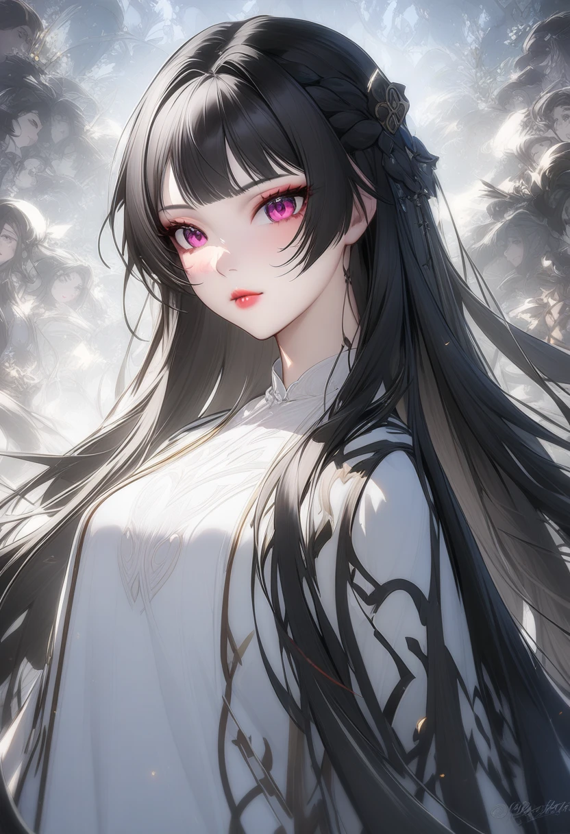Long black hair, red eyes, twin tails, princess serenity
