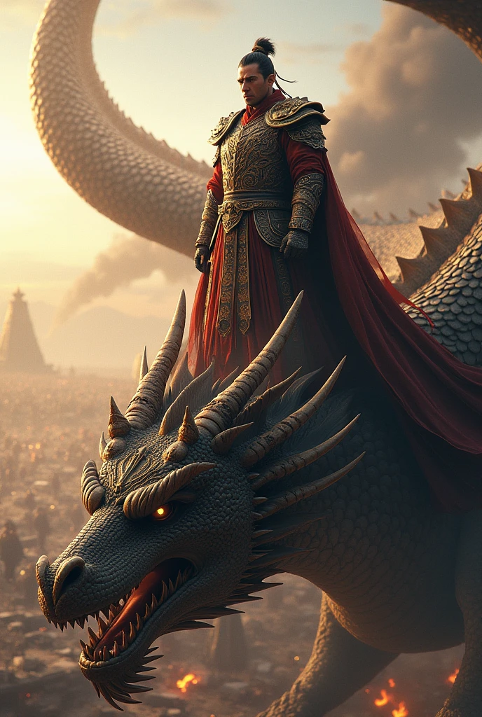 Smaug is a dragon with bright red scales and golden eyes that reflect his greed.. In his human form, He is a tall and robust man, with a well-groomed black beard and ornate medieval armor with golden details that symbolize his love of luxury and power.