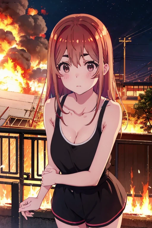 Sumi Sakurasawa、holding hundgun、at night、fence、1 girl、 cleavage、 Black Tank Top、 sexy black shorts、Turn around and show your butt、Infiltrate a military base、Military base exploding in flames、The building is on fire