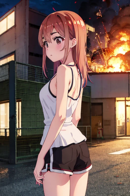 Sumi Sakurasawa、holding hundgun、at night、fence、1 girl、 cleavage、 Black Tank Top、 sexy black shorts、Turn around and show your butt、Infiltrate a military base、Military base exploding in flames、The building is on fire