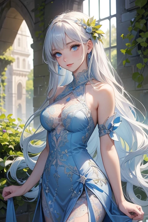 (masterpiece: 1.2,  best quality), (Actual Photos,   intricate detail that puts the arm in the crotch ), 1. woman, Alone,   upper body,     casual,         Shoulder-length hair         , Minimal makeup, Natural materials,  face, 笑face, Home,  White Hair That Reaches to the Waist  . blue eyes, Shoulder Bare、歯を見せて笑face、(( lace dress ))、((  blue eyes))、Save face image 、((A castle tower decorated with beautiful ivy plants entwined with dead branches))、((Laugh gently)).