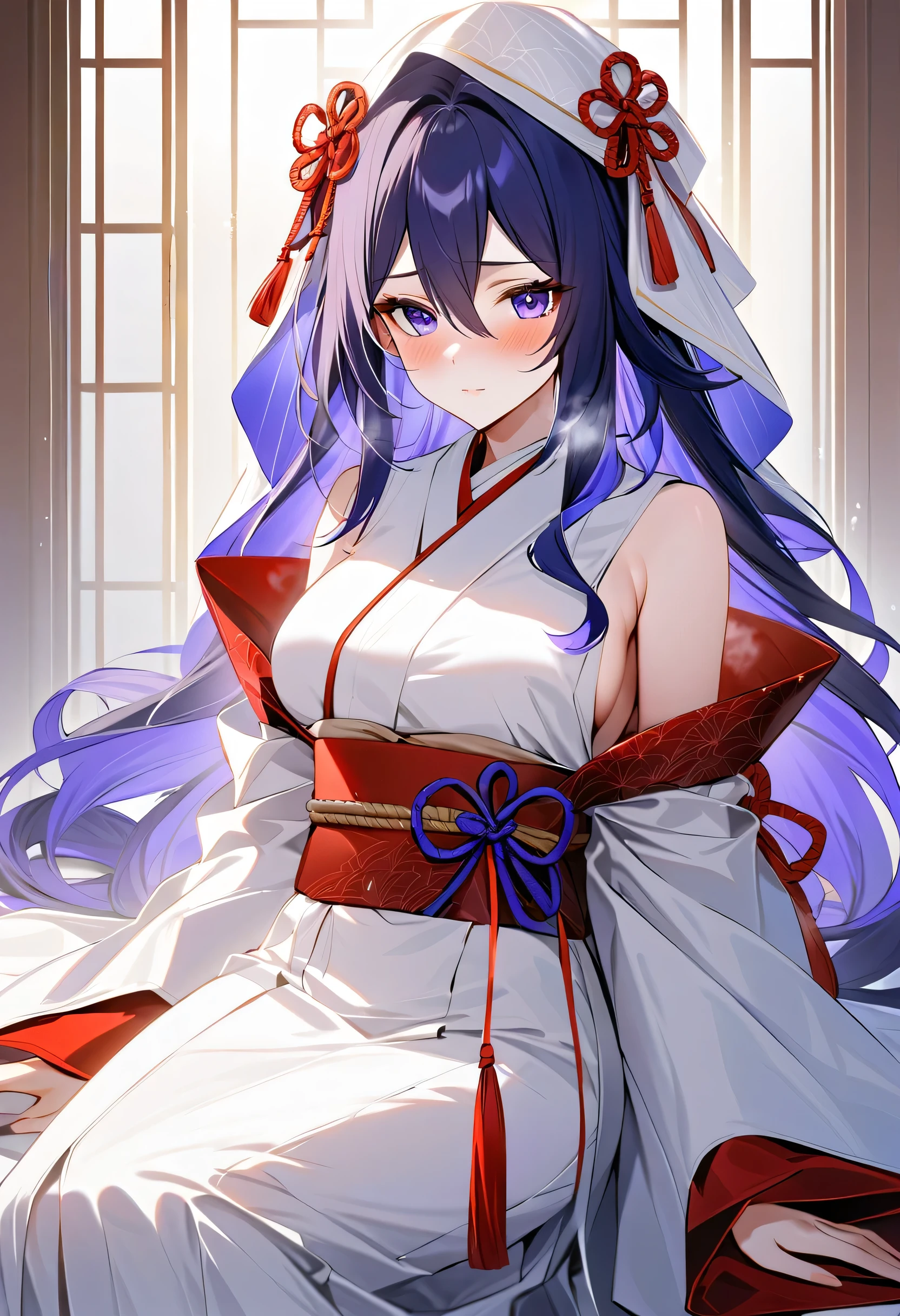 score_9, score_8_up, score_7_up, masterpiece, best quality, absurdres, vibrant, highly detailed, 1girl, adult grown woman, seele \(honkai: star rail\), dark blue hair, long hair, blush, closed mouth, heavy breathing, traditional_Japanese_bridal_kimono, white_ceremonial_robe, purple_inner_lining, silk_fabric_with_subtle_crane_patterns, hooded_veil, red_decorative_tassels, elegant_knot_accents, long_flowing_sleeves, modest_and_graceful_design, traditional_Japanese_aesthetic, bridal_formality, minimalistic_accessory_style, classic_Japanese_cultural_attire, wedding_background