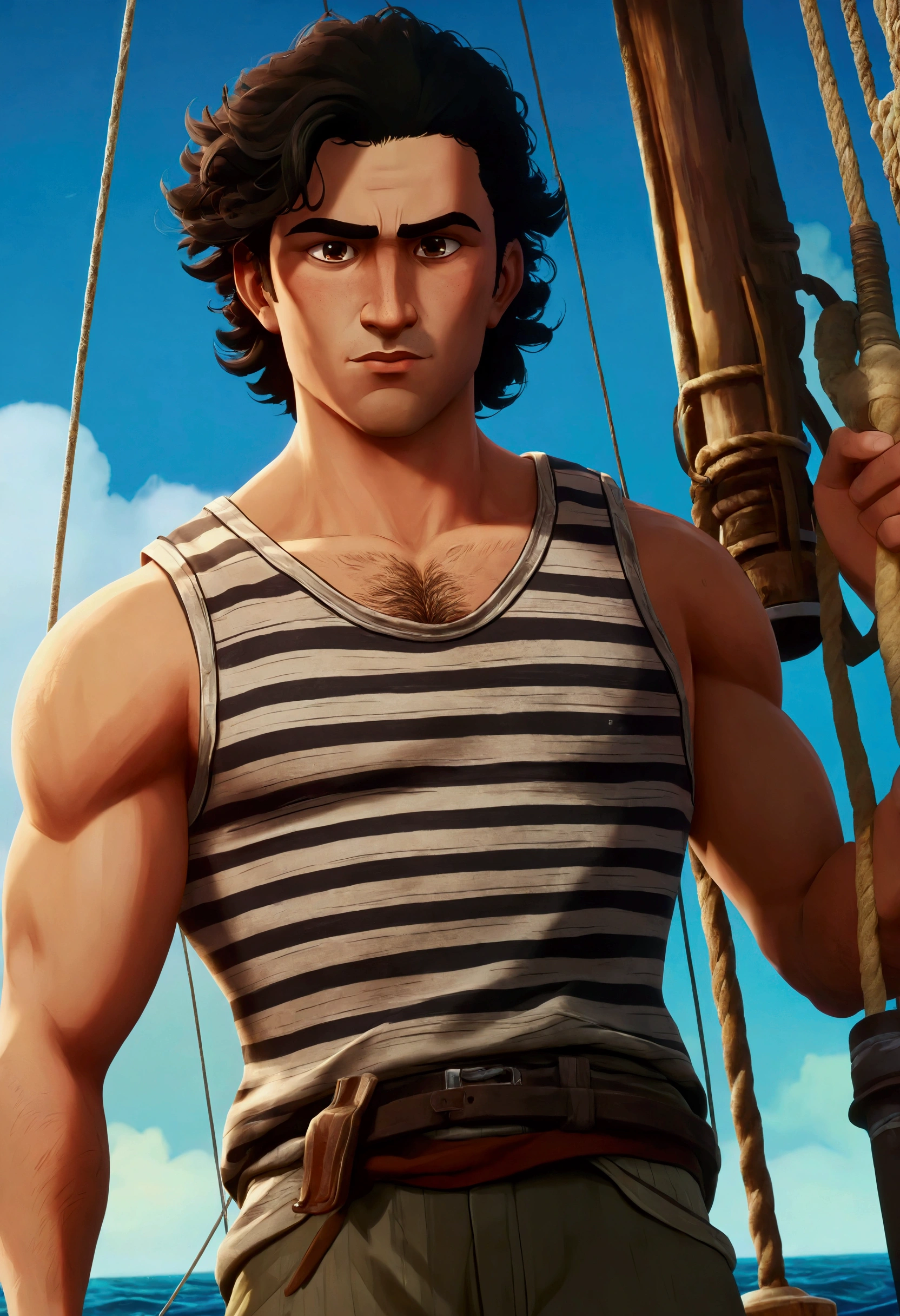 An animated poster of a young fisherman, male, wearing a striped tank-top and breeches, stout, stocky physique, deep brown eyes, bulbous nose, full lips, brown-black hair, curly mane, thick bushy eyebrows, extremely hairy chest, hairy stomach, and hairy arms, standing on a wooden catamaran, hand-drawn, full color, multi-color, shadows, Arcane art style, Fortiche Animation, masterpiece.