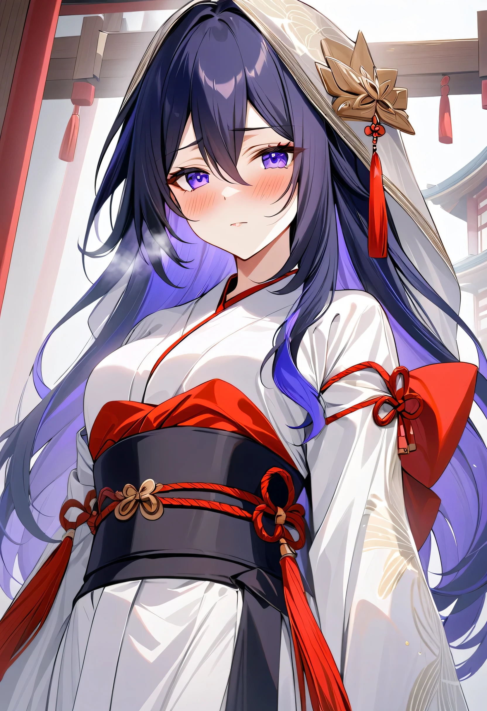 score_9, score_8_up, score_7_up, masterpiece, best quality, absurdres, vibrant, highly detailed, 1girl, adult grown woman, seele \(honkai: star rail\), dark blue hair, long hair, blush, closed mouth, heavy breathing, traditional_Japanese_bridal_kimono, white_ceremonial_robe, purple_inner_lining, silk_fabric_with_subtle_crane_patterns, hooded_veil, red_decorative_tassels, elegant_knot_accents, long_flowing_sleeves, modest_and_graceful_design, traditional_Japanese_aesthetic, bridal_formality, minimalistic_accessory_style, classic_Japanese_cultural_attire, ring, shrine_maiden