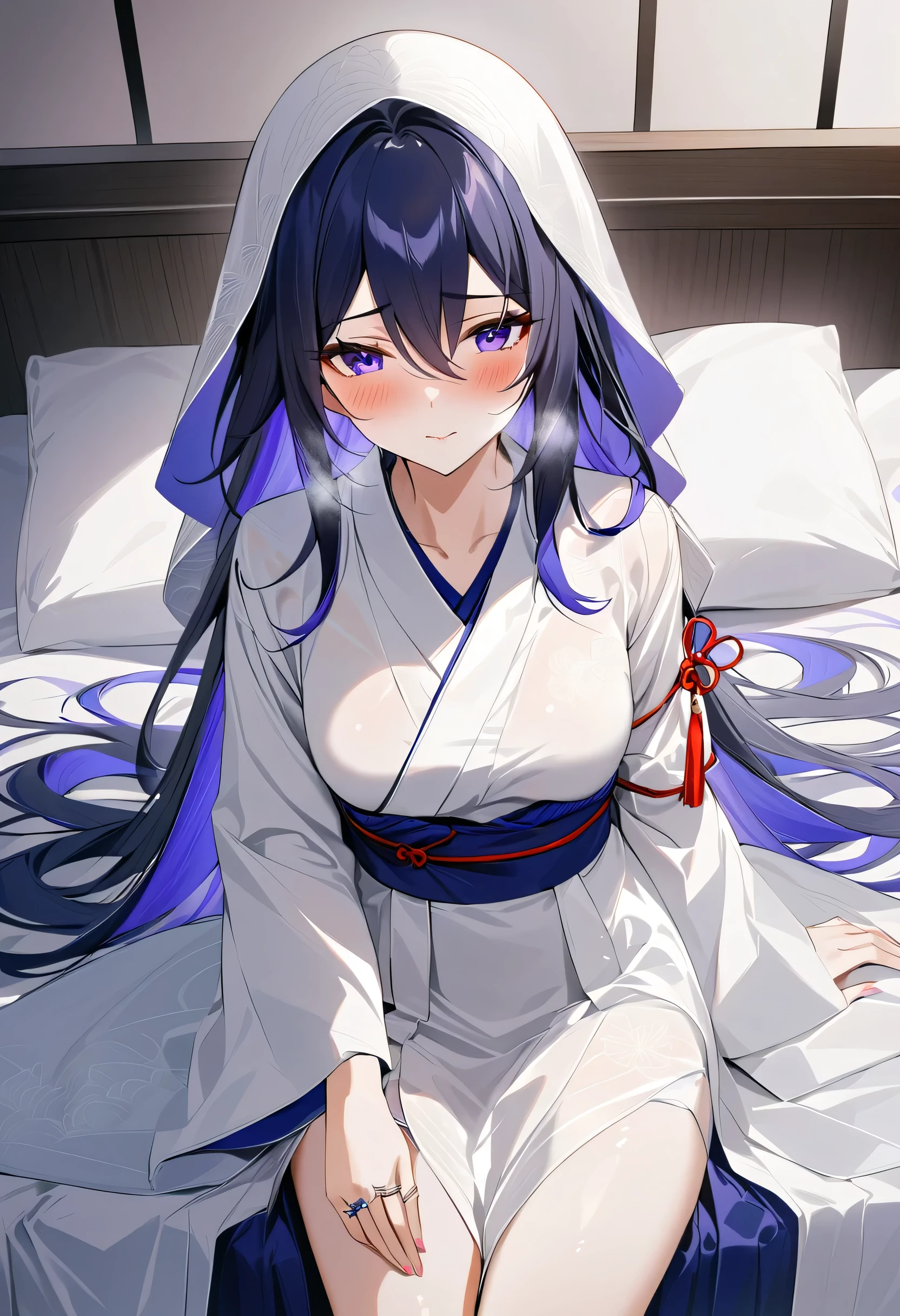 score_9, score_8_up, score_7_up, masterpiece, best quality, absurdres, vibrant, highly detailed, 1girl, adult grown woman, seele \(honkai: star rail\), dark blue hair, long hair, blush, closed mouth, heavy breathing, traditional_Japanese_bridal_kimono, white_ceremonial_robe, purple_inner_lining, silk_fabric_with_subtle_crane_patterns, hooded_veil, red_decorative_tassels, elegant_knot_accents, long_flowing_sleeves, modest_and_graceful_design, traditional_Japanese_aesthetic, bridal_formality, minimalistic_accessory_style, classic_Japanese_cultural_attire, ring, sitting_on_bed, sitting