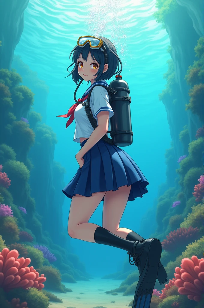 A young female dolphin student in a school uniform, playfully swimming through an underwater classroom (Her sleek gray body and bottlenose visible beneath her clothes，best quality, masterpiece, ultra-detailed, intricate, illustration, detailed lighting, underwater lighting, caustics, motion blur, lens flare, 1 anthropomorphic character, dolphin girl, school uniform, underwater classroom, seaweed decorations, coral reef, fish swimming in background, waterproof books, pencils, backpack, playful expression, sleek gray skin, dorsal fin, flippers, bottlenose, classroom decorations, underwater chalkboard, other sea creature students in background, bubbles, 4k, hyper realistic