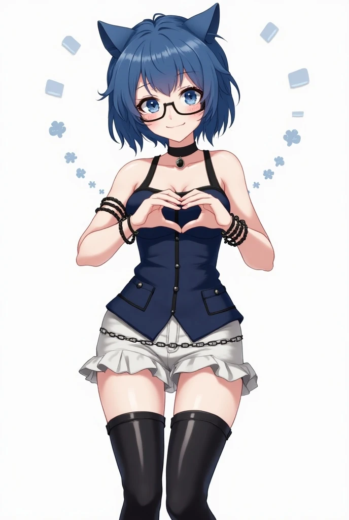 beautiful teenage girl, large breasts, cleavage, thin body, very short hair, purple hair, blue eyes, freckles, seductive, smiling, blushing, strapless corset, choker, frayed shorts, thigh high boots, thin frame eyeglasses, crowded nightclub background, ultra-detailed, 8K 