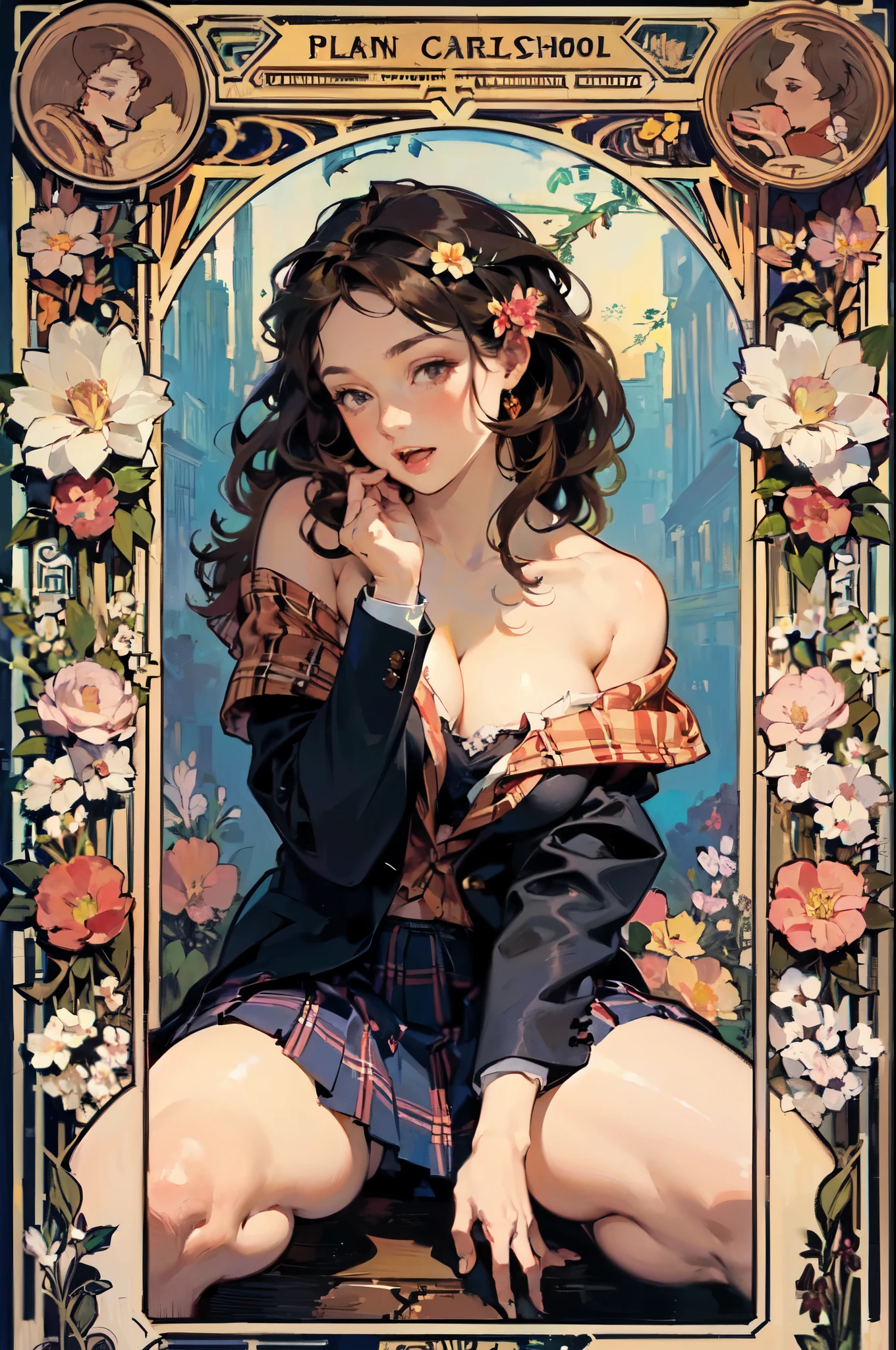(by mucha:1.2),((art deco,Botanical Art,Floral Art)),(floral:1.2), Depth, flat shading,
(masterpiece, highest quality),(vibrant colors,colorful),(amazing details,detailed background),anatomically correct,Accurate drawing,Detailed drawing,high-class sense,
break,
a girl, solo:1.0, (detailed face), (on knee Lying:1.3), (big breasts, cleavage,cleavage cutout),
(open clothes:1.5), (plain school uniform:1.5),(school uniform Blazer),(black-Blazer),(school uniform plaid skirt), (open mouth, kiss lips), (Beautiful thighs: 1.2), (brown wavy hair, flowers hair:1.2),