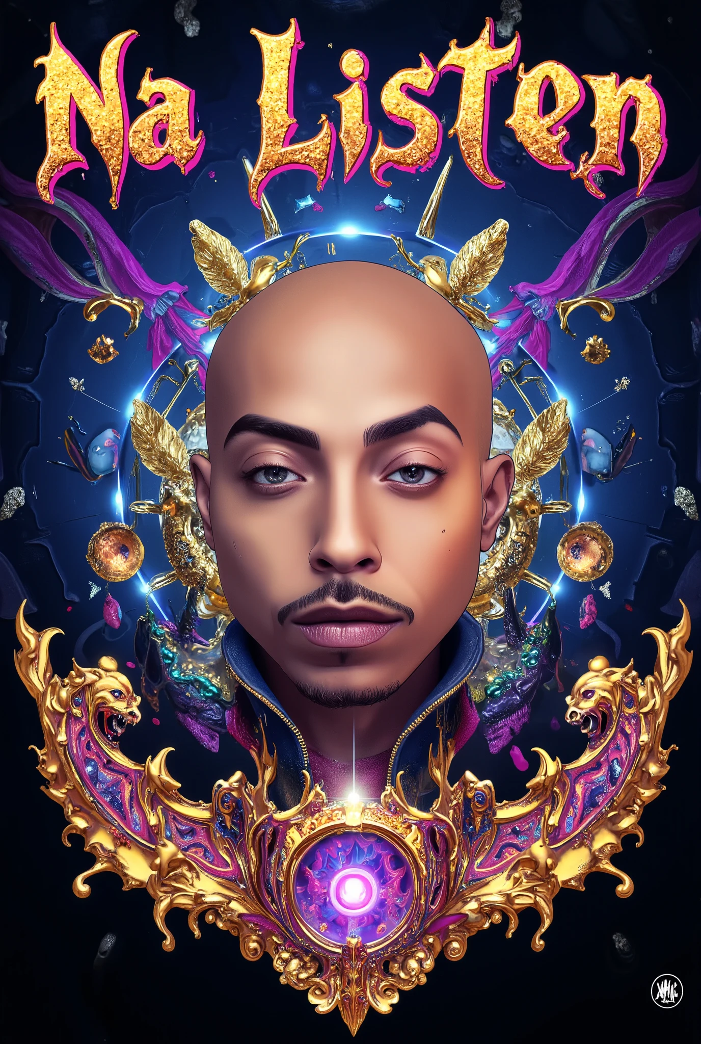 a Hyper-realistic photorealistic image of Nztykle Thrilling dreams， ultra-realistic realism, (BOld Text says "NA LISTEN"：2.3 ) , (skin bald：2.3 Male ) , （BAld Head Masculine：1.3）,（tmasterpiece，best qualtiy：1.2），illustration，8k wallpaper，Dazzle，（Portals：1.1），（Otherworldly creatures：1.2），（magic energy：1.1），（floating debris：1.05），(glowing third eye:1.1), DIamonds，Glyghs， (strong lights:1.05), (illumination:1.05), (fantasy:1.15), (hyper realisitc:1.1), (mistic:1.05), (intriguing:1.05), (Ethereal:1.08), (mistic:1.1), (cosmic:1.05), (interdimensional:1.1), (unearthly:1.05), (spellbinding:1.1), (Unforgettable:1.05), (Fantasy art: 1.1)，（number art：1.05），（magic realism：1.08），（Epic：1.1），（concept-art：1.05），（highly detailed：1.1），（cinematic ligh：1.05），（ultra-realistic realism：1.05），（mistic：1.05），（astounding：1.1），（mind bending：1.1），（Unbelievable：1.05），（otherworldly landscapes：1.1），（breath-taking：1.05 ), (incredulous:1.05), (portal opening:1.05)