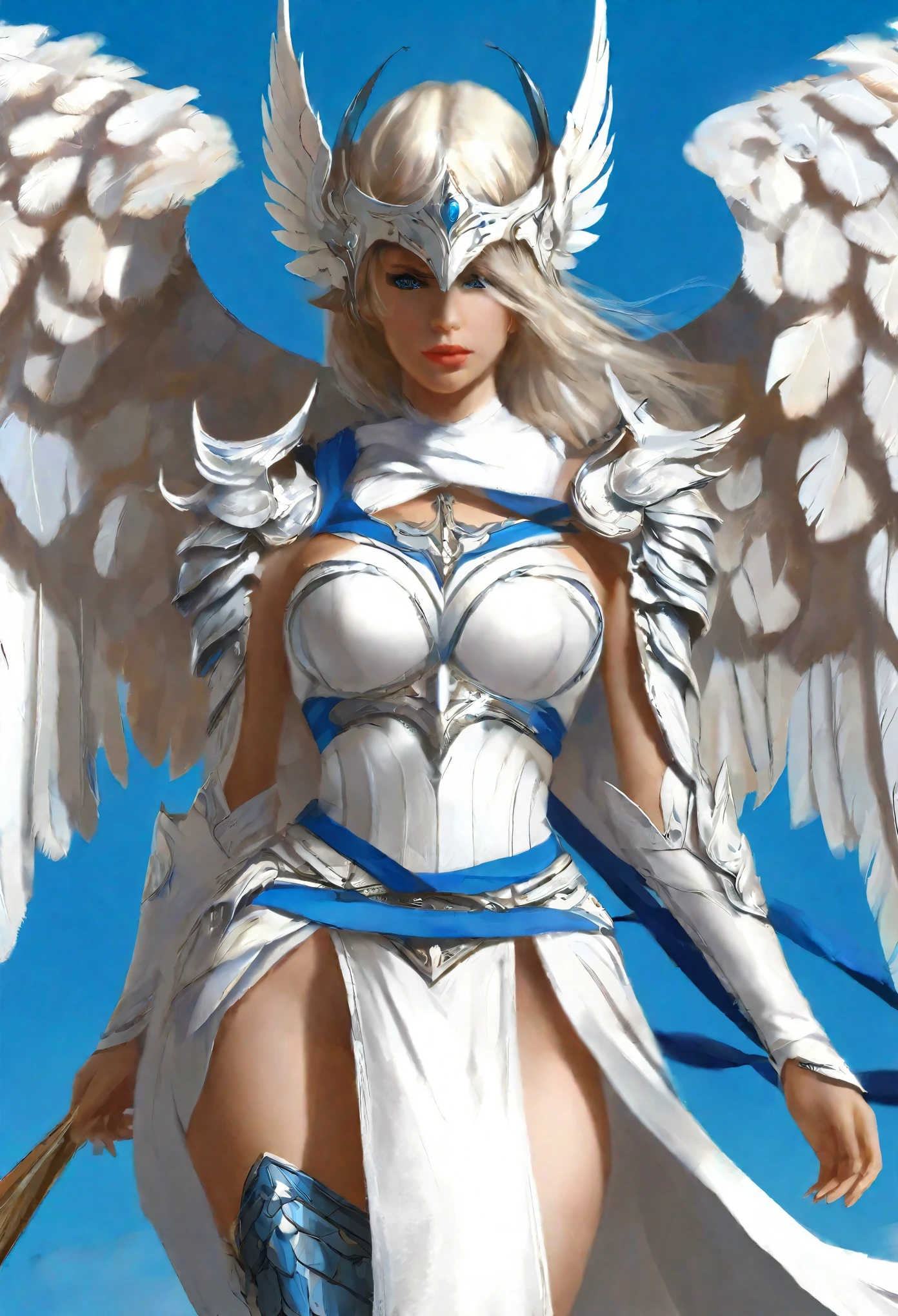 1 female angel，White cape showing at waist_wings armor feathers_Long wing feathers_Hair Shoulders Armor Shoulders_Single piece of armor_Upper wing separation_The body is white_Theme blue_wings wings leg armor