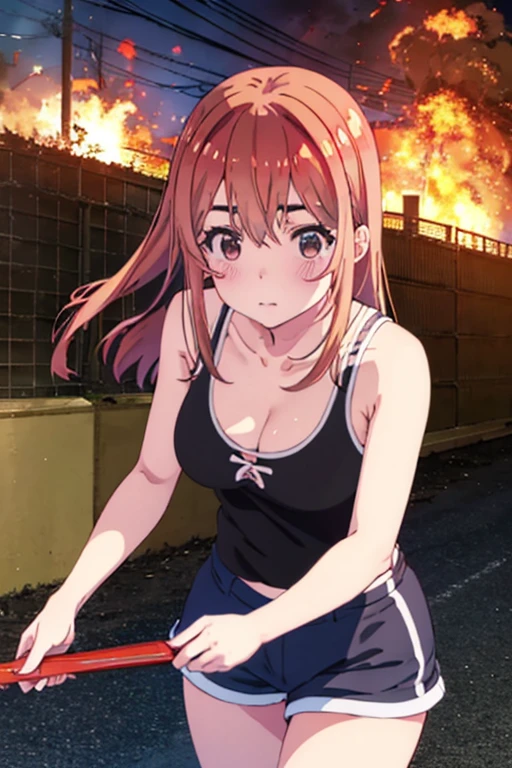 Sumi Sakurasawa、holding hundgun、at night、fence、1 girl、 cleavage、 Black Tank Top、 sexy black shorts、Turn around and show your butt、Infiltrate a military base、Military base exploding in flames、The building is on fire