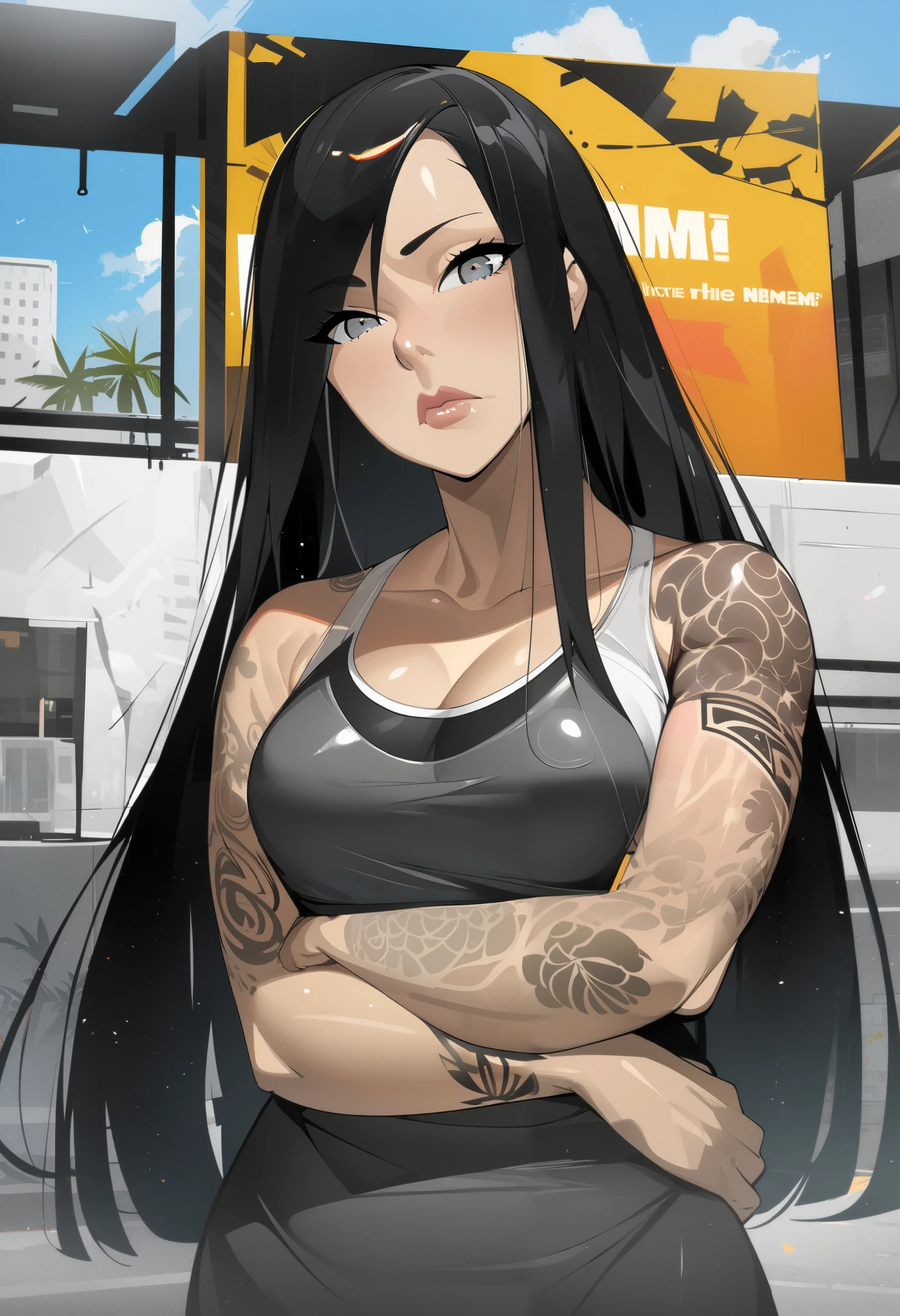 female, silver long hair with black highlights, red eyes, (((1girl))), (((red cropped tank top))), (black denim jeans), (black sneakers), (black belt), (black choker), cute and sexy, full body, large breasts, large butt, long legs, smiling