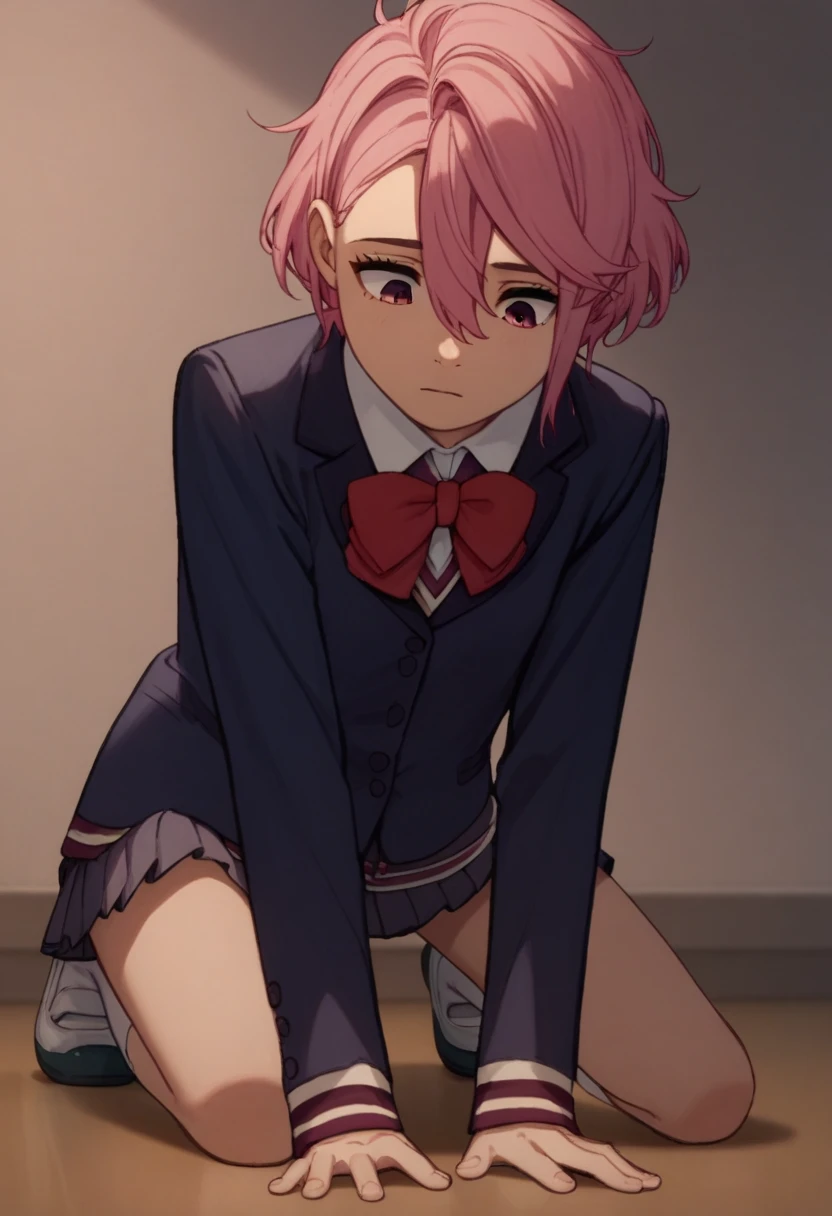 aira shiratori, pink hair, short hair, hair between eyes, pink eyes, school uniform, blue blazer, white collared shirt, red bowtie, long sleeves, sleeves past wrists, miniskirt, pleated skirt, white socks, brown footwear, dogeza, hands on floor, looking down,  prostration, kneeling, face less, 