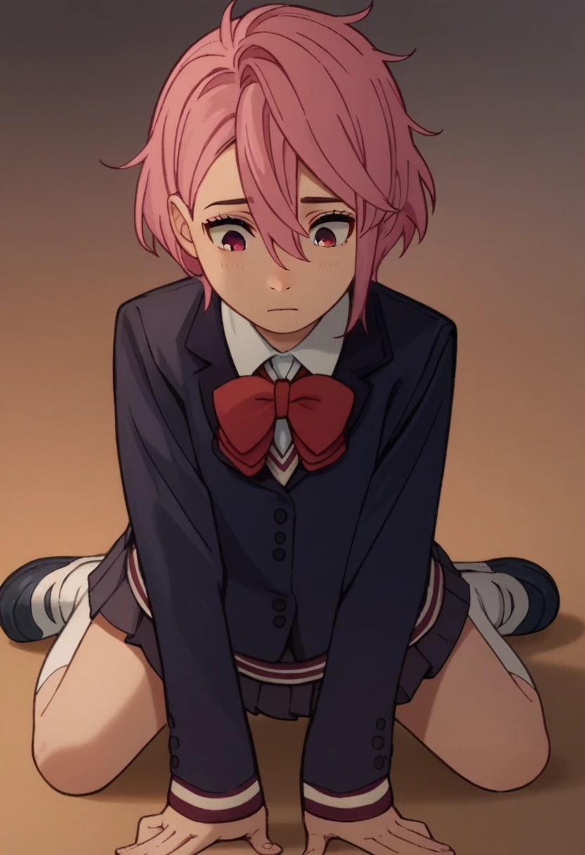 aira shiratori, pink hair, short hair, hair between eyes, pink eyes, school uniform, blue blazer, white collared shirt, red bowtie, long sleeves, sleeves past wrists, miniskirt, pleated skirt, white socks, brown footwear, dogeza, hands on floor, looking down,  prostration, kneeling, face less, 