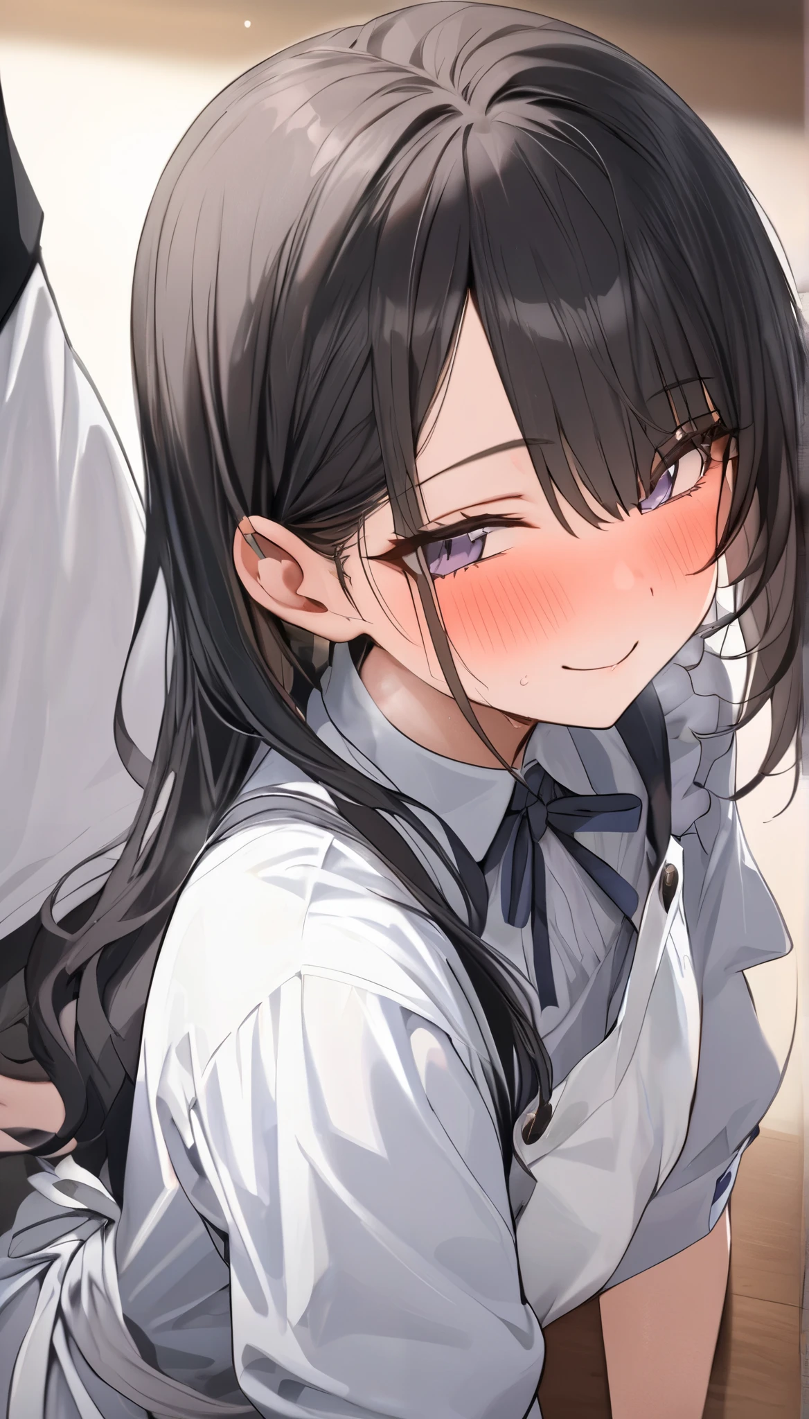 Anime girl with long black hair and blue eyes sitting on a chair ...
