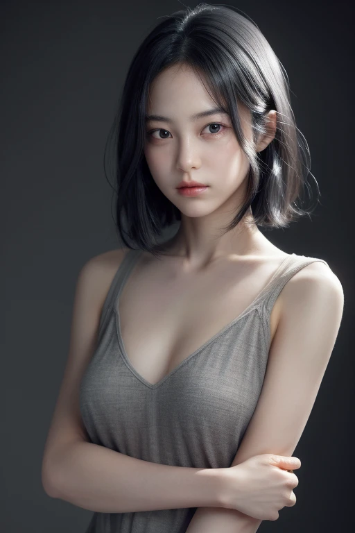 Cold girl,1girl,solo,realistic,black hair,short hair,looking at viewer,arms at sides,brown eyes,OceanHeart,upper body,collarbone,grey background,bare shoulders,simple background,small breasts,(closed mouth:1.3),breast slip,, best quality , masterpiece, illustration, an extremely delicate and beautiful, extremely detailed ,CG,unity,8k wallpaper, Amazing, finely detail, masterpiece, best quality,official art,extremely detailed CG unity 8k wallpaper,absurdres, incredibly absurdres, huge filesize , ultra-detailed, highres, extremely detailed,beautiful detailed girl, extremely detailed eyes and face, beautiful detailed eyes,light on face,