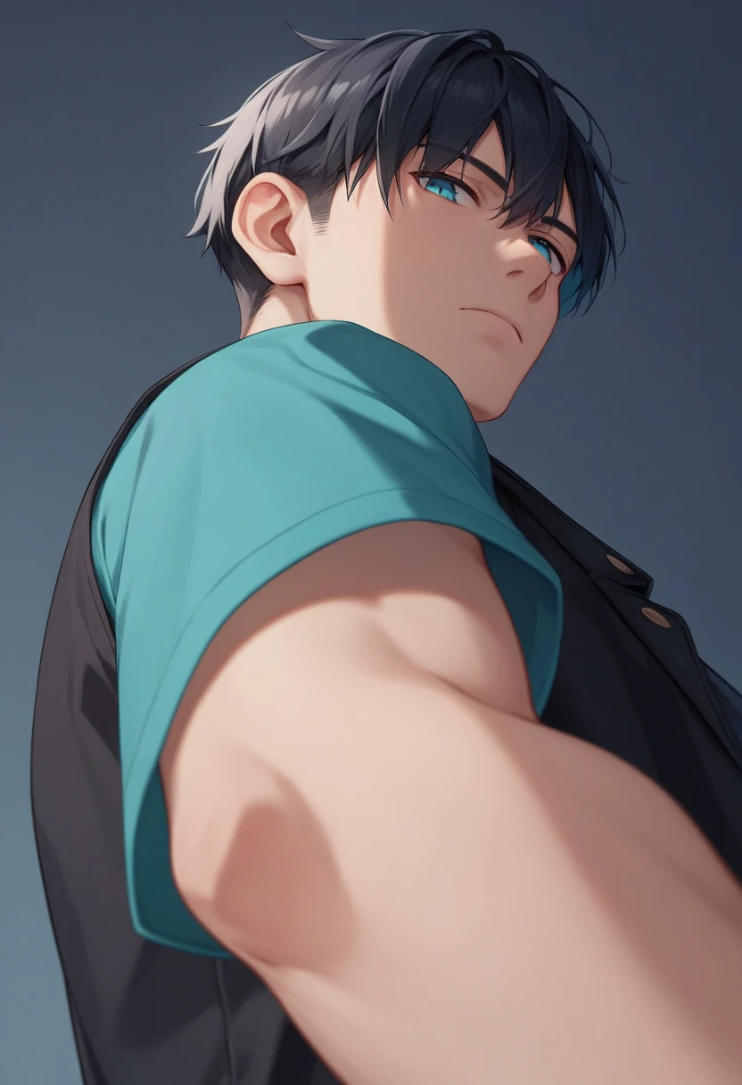 Man (short white hair) wearing a black shirt (blue eyes)  (shirt sleeves folded) wearing black trousers) pose standing straight facing to the side (shirt collar open) Pose of hands gripping waist 