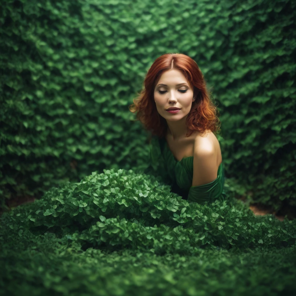 best quality, highres, 8k, masterpiece, photography, detailed midbody photorealistic portrait of Mandy Moore as Poison Ivy, lounging in a lush, botanical greenhouse with vibrant plants and vines cascading around her. Her fiery red hair is styled in long, voluminous waves, draping over her shoulders and blending with the greenery. She wears a leaf-inspired bodysuit in deep emerald green, with intricate vine details wrapping around her arms and legs. She gently holds a small flower, examining it with a serene expression, surrounded by exotic plants that respond to her touch. 40 years old, (real skin texture: 1.3), (slender figure: 1.1), six-pack abs, (Immersive Ambience, Chiaroscuro: 1.5, Dim Light: 1.2, Glow Lighting), (Bokeh: 1.5), Blurred, high contrast, (Fuji colours: 1.5), film grain