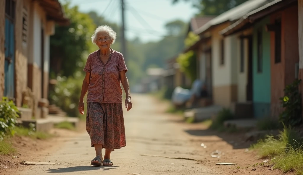 a 90-year-old lady, uma mulher idosa, em um FAVELA movimentada, curtindo a noite, parecendo feliz."