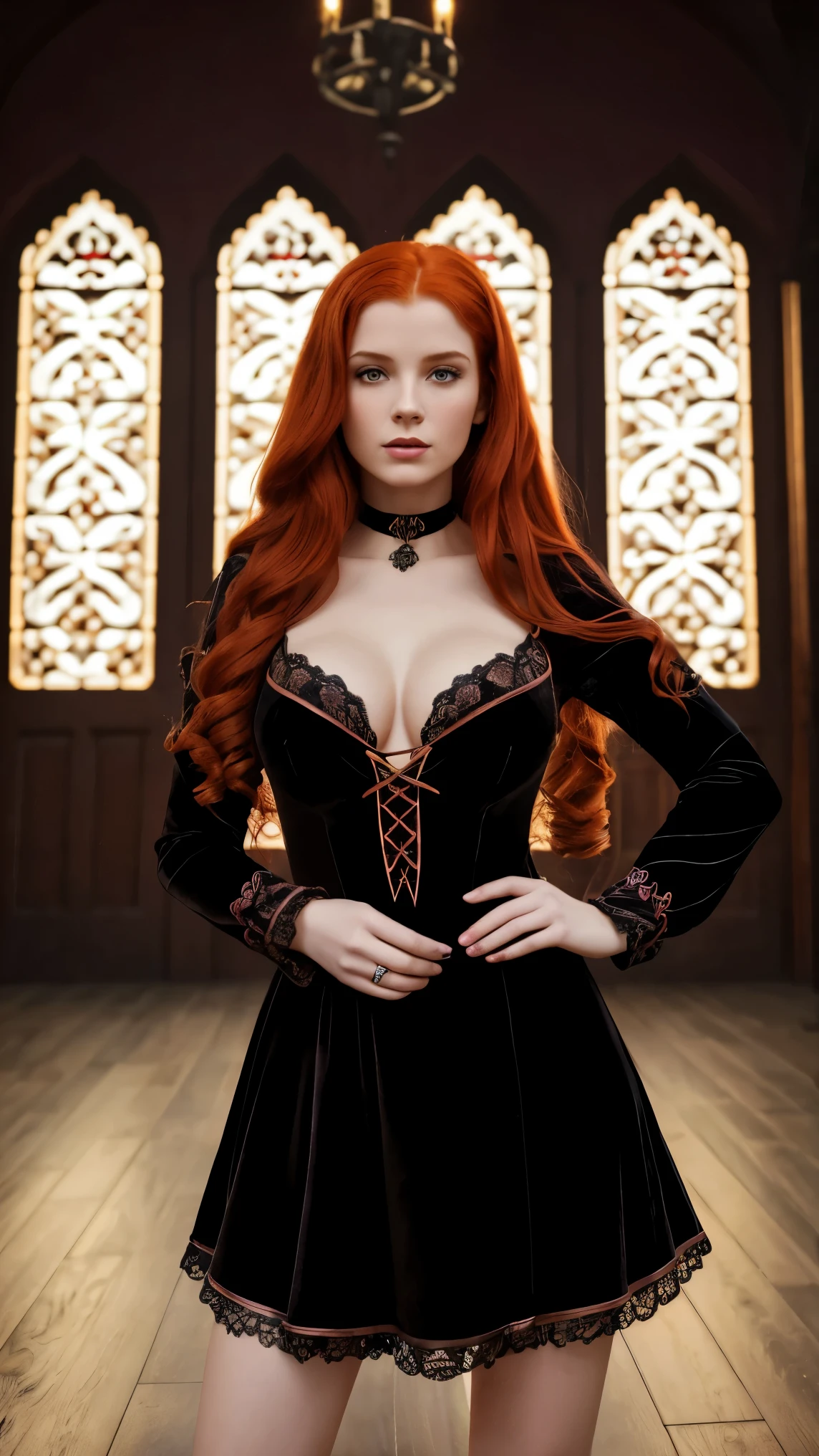 8k, RAW photo, best quality, ultra high resolution, (photorealistic), realistic photo of skinny european redhead girl dracula, dracula girl, (skinny redhead girl, slim face, blue eyes, red hair, wavy hair), in the castle, candles, coffin, (full body portrait), photo from the side, sexy pose, wearing black dracula dress, black dracula dress, vampire, wearing big earrings, (earrings), looking at viewer, smirking, (extremely detailed CG unity 8k wallpaper), Sharp focus, (bright light)