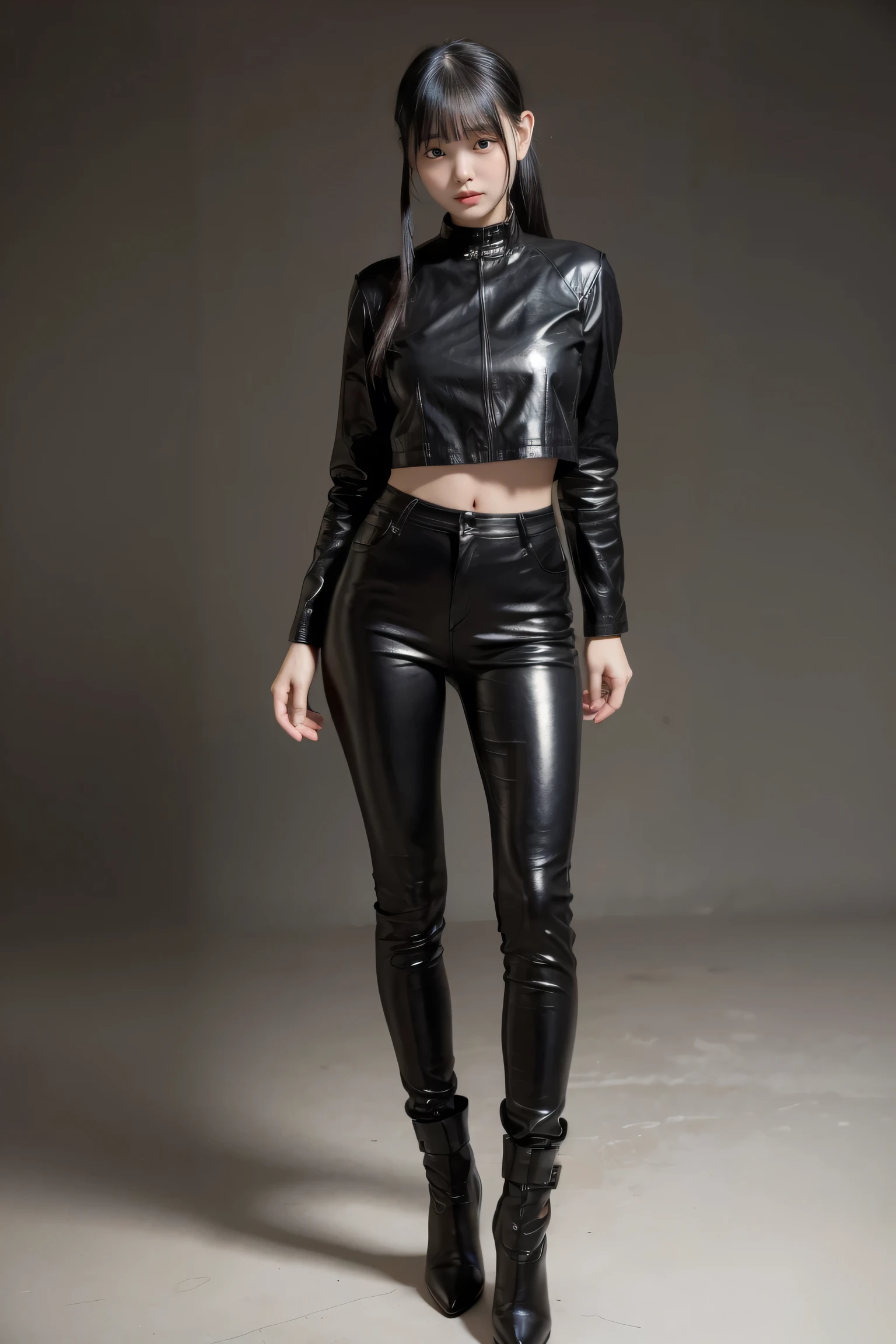 8 year old s in leather leggings and black heels , short stature