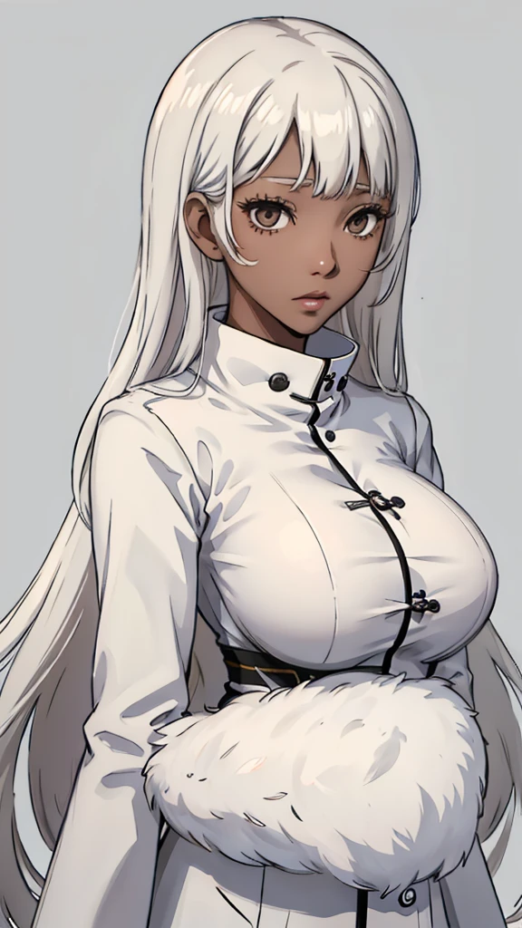 1 girl, very long hair, white hair, bangs, white eyes, white eyelashes, coat, Big breast dark skin
